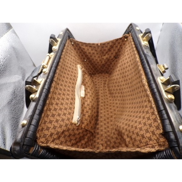 Vintage 50s Black Wicker Lucite Handle Handbag Made in Hong Kong Mid Century - Picture 5 of 6